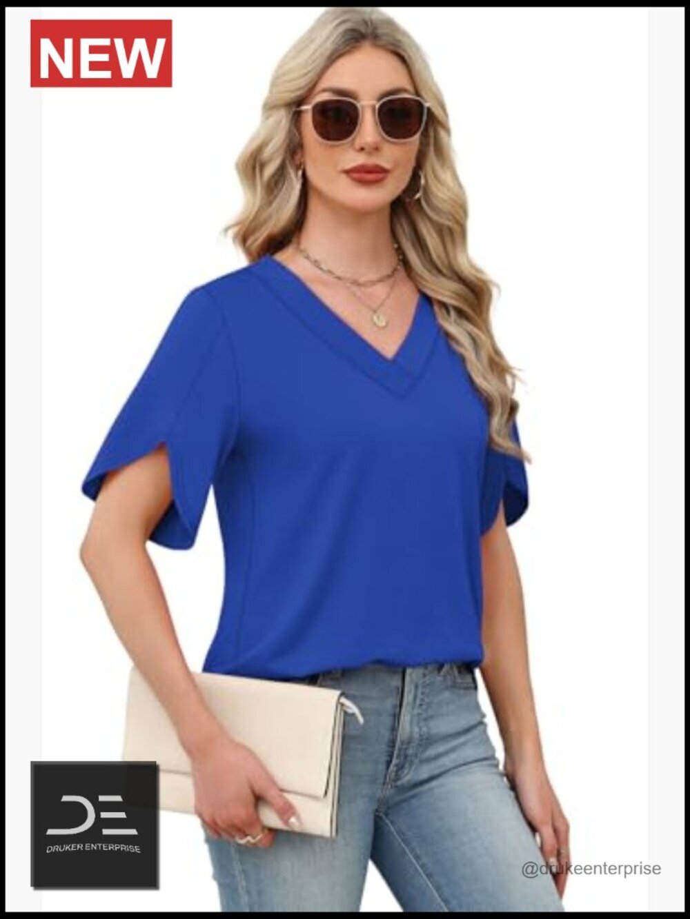 V-Neck Short Petal Sleeve T-Shirt Blouse Loose Fit Summer Top - Picture 4 of 6